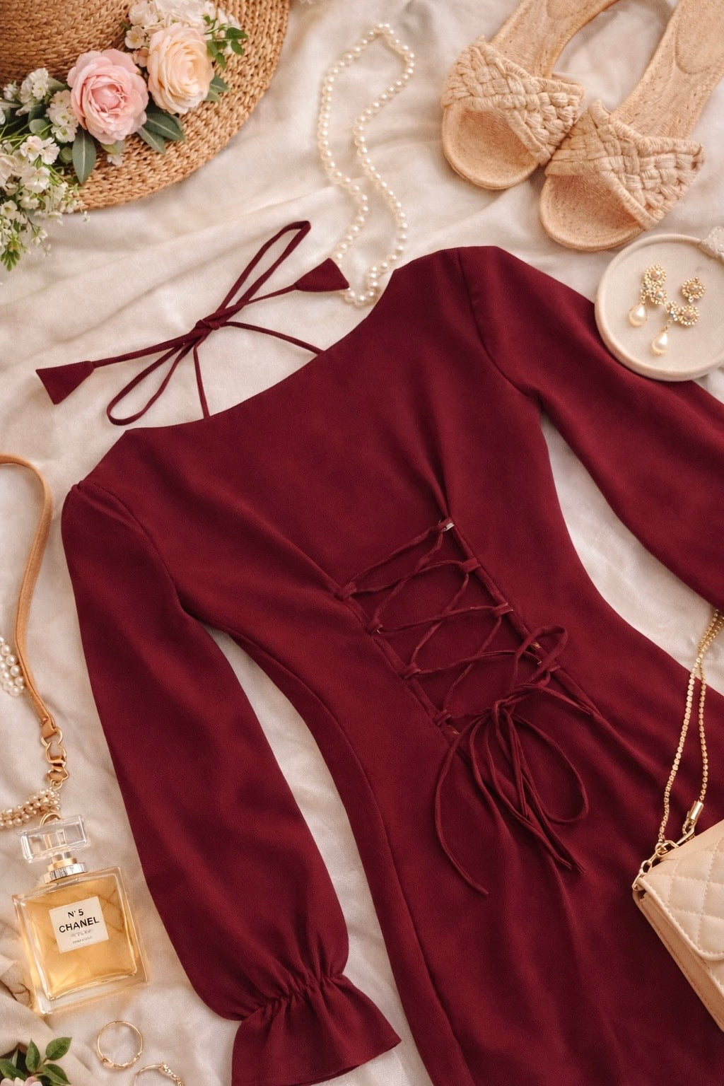 Scarlet Maroon Back Tie Ruffle Set