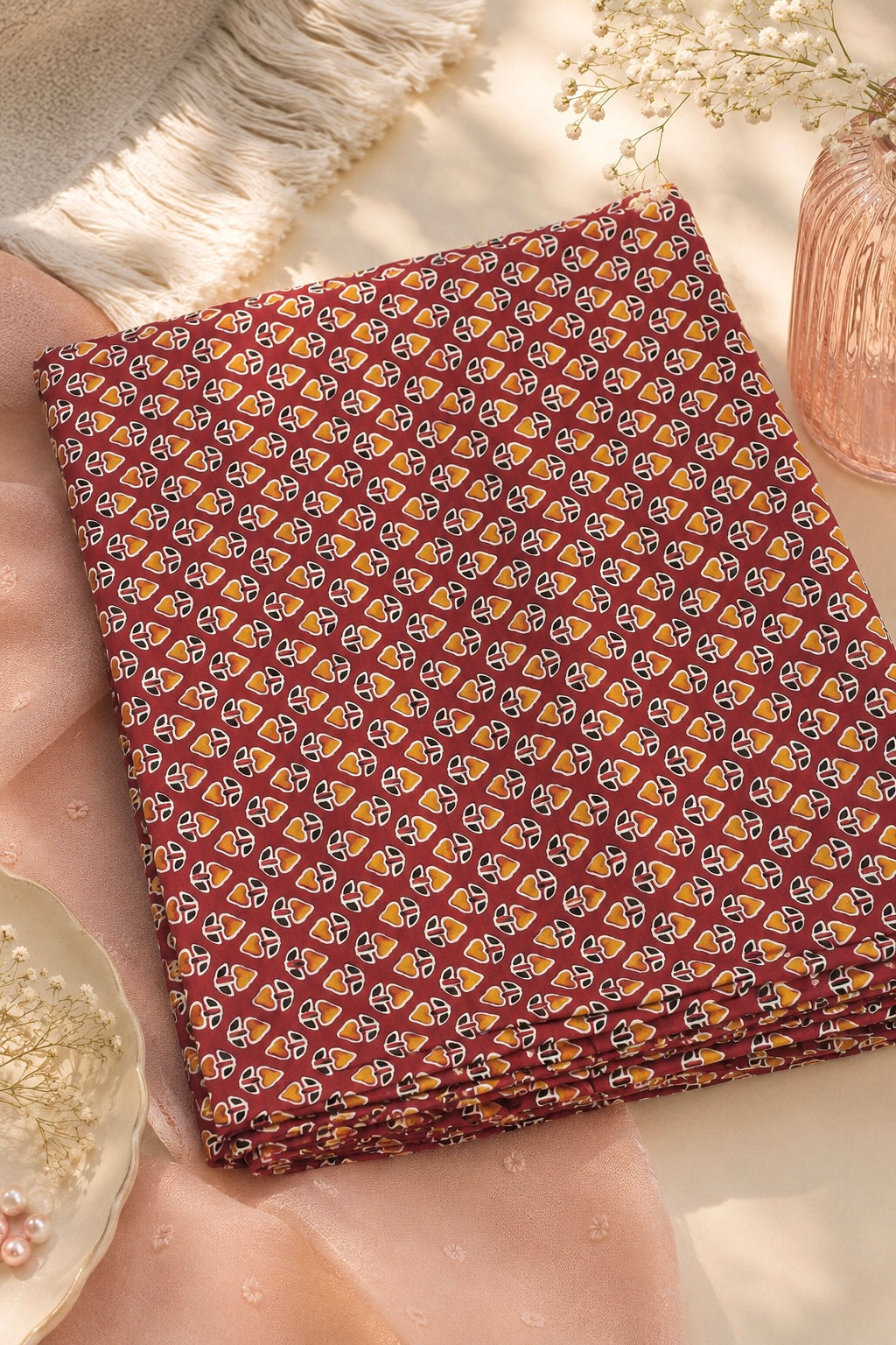 Rust Brown Geometric Printed Cotton Fabric