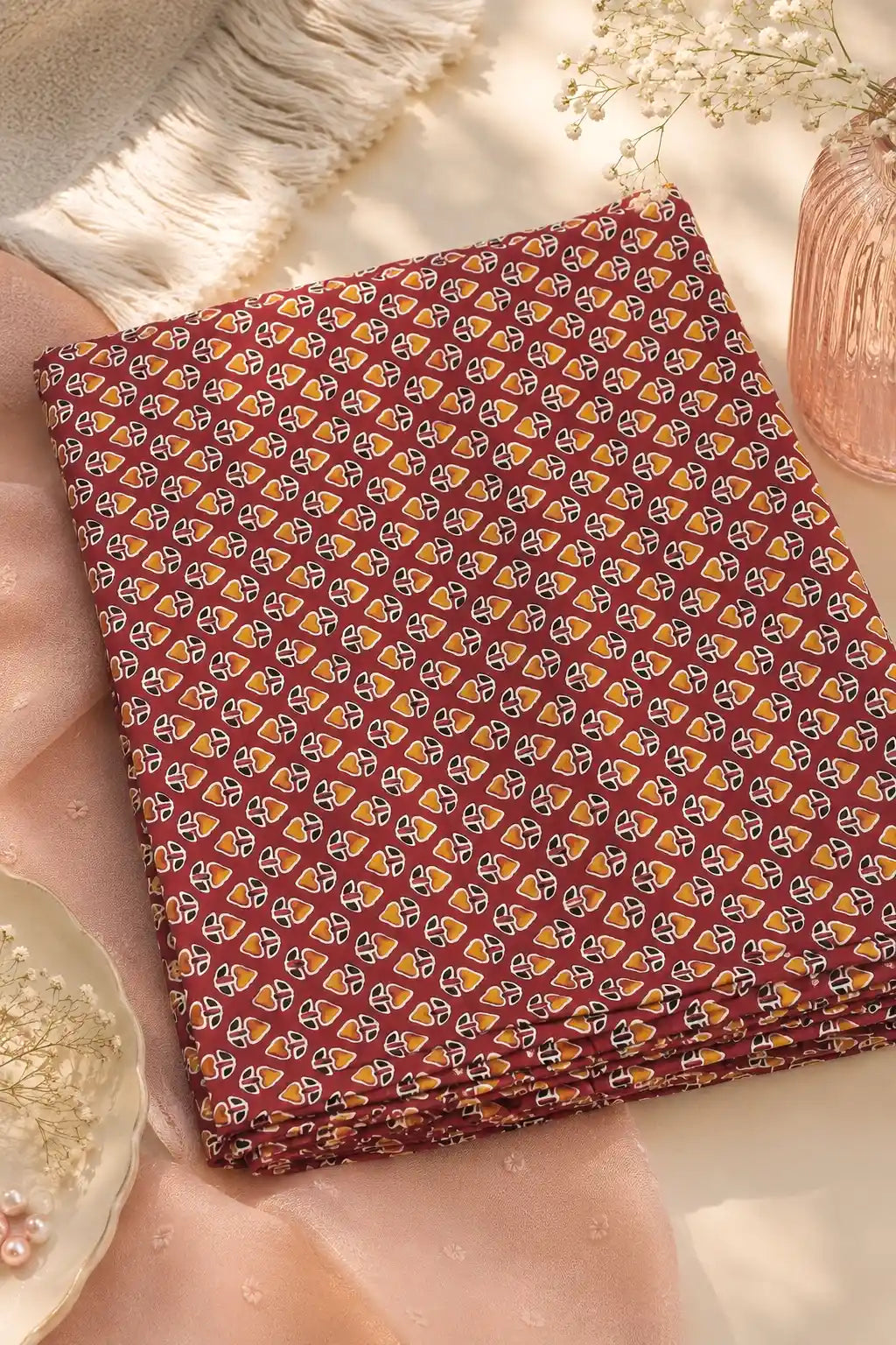 Rust Brown Geometric Printed Cotton Fabric