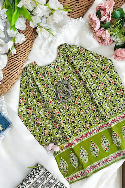 Green Handprinted Short Kurta