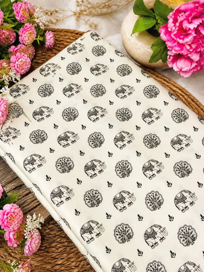 Black Elephant Motif Cotton Fabric
