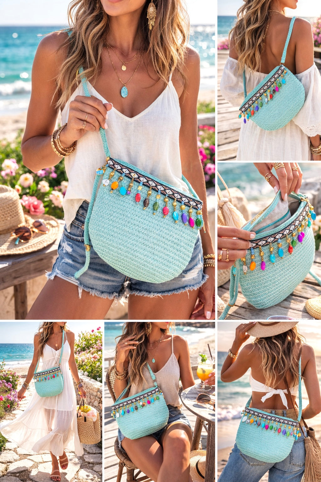 Boho Beaded Blue Crochet Sling Bag