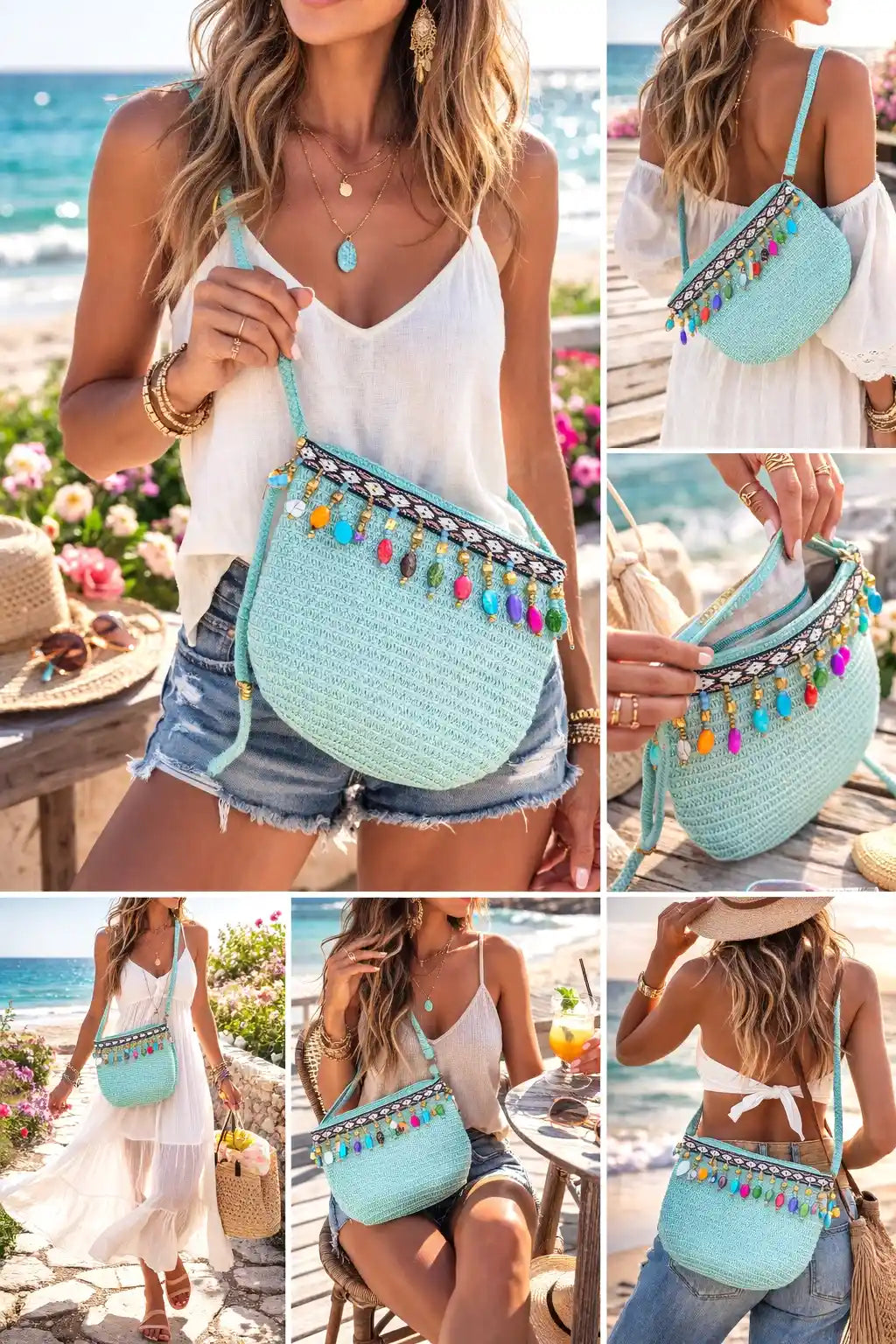 Boho Beaded Blue Crochet Sling Bag