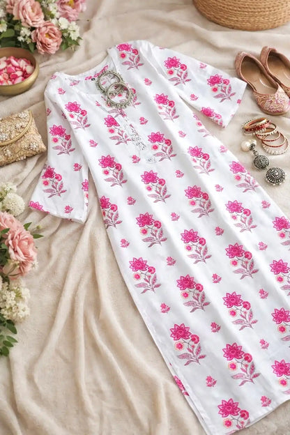 White Block Mulmul Jaipuri Kurta