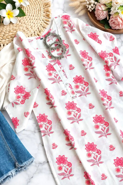 White Block Mulmul Jaipuri Kurta