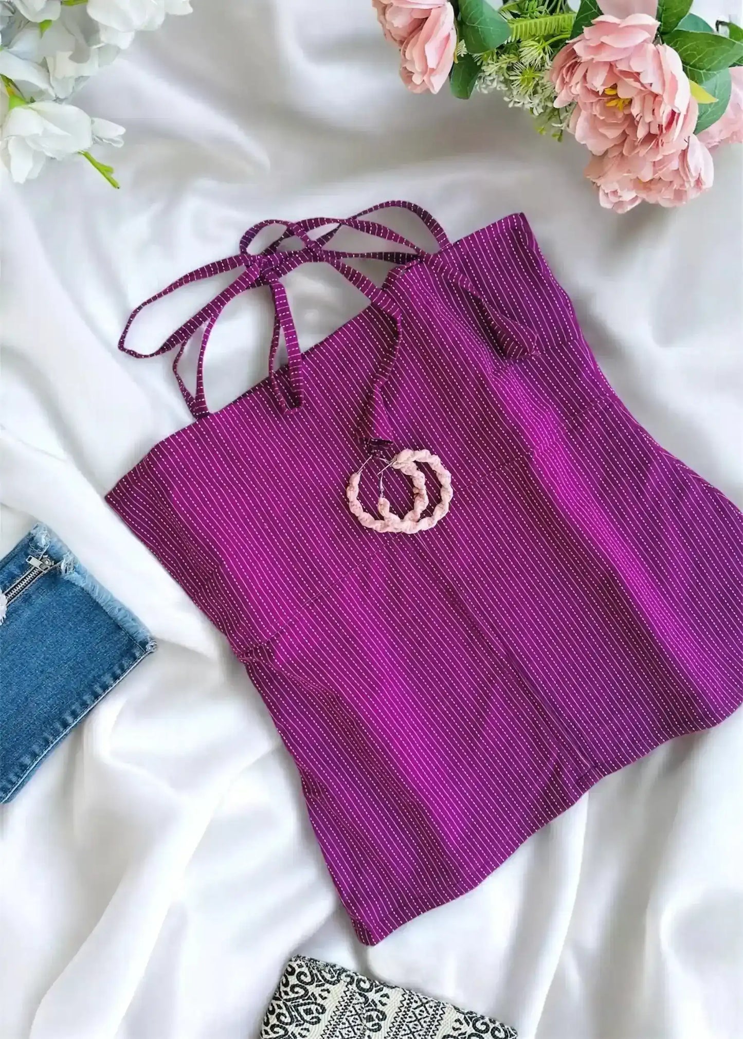 Magenta Pinstripe Halter Neck Slit Top