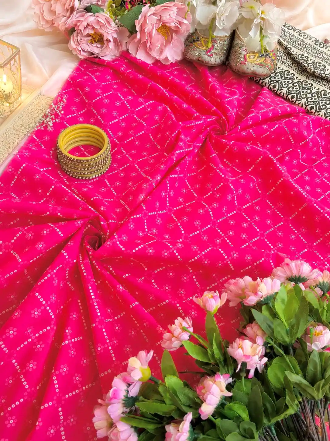 Hot Pink Bandhani Style Cotton Fabric