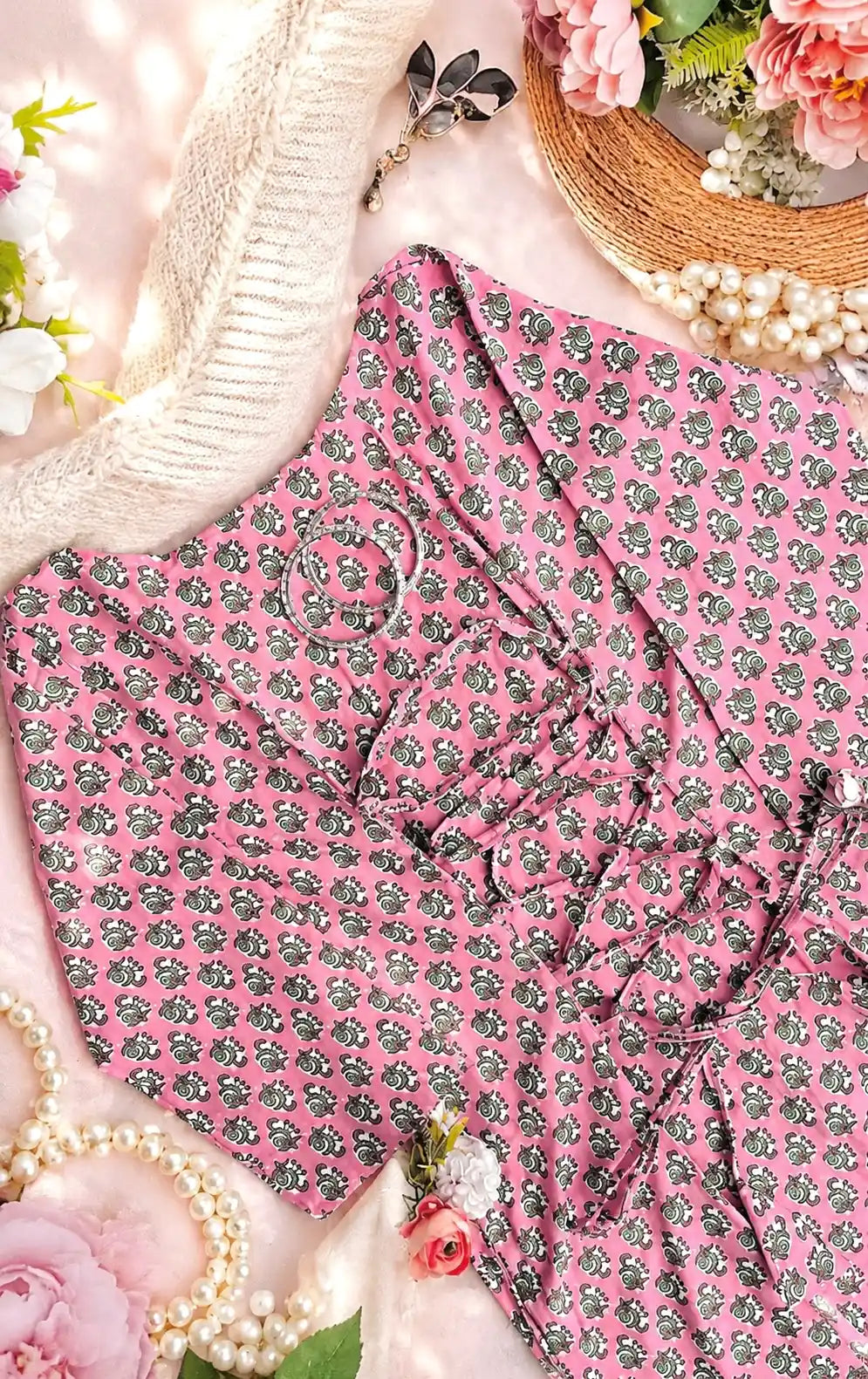Pink Block Jaipuri Back-Tie Top