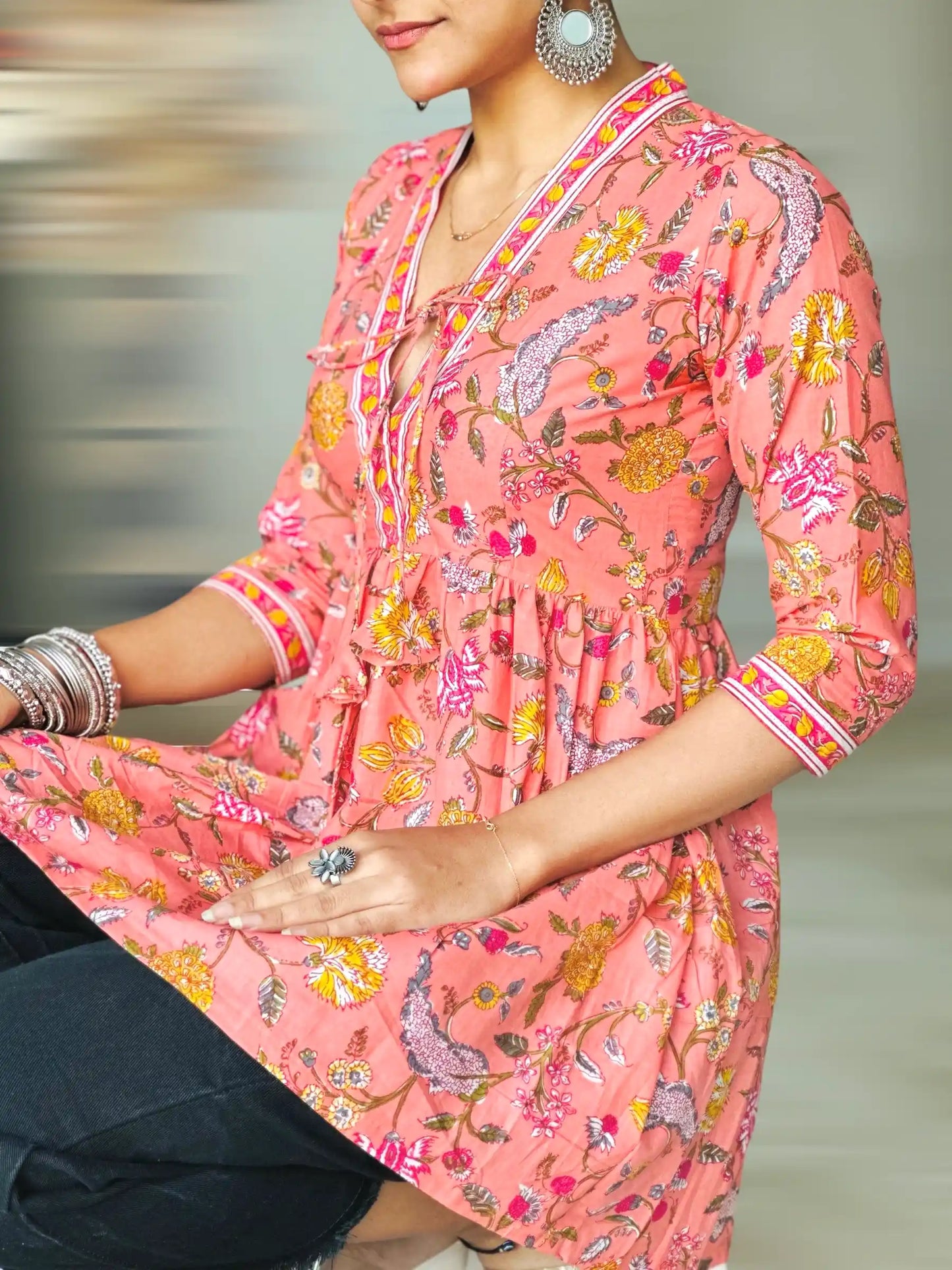 Pretty Peach Kalamkari Short Denim Kurta