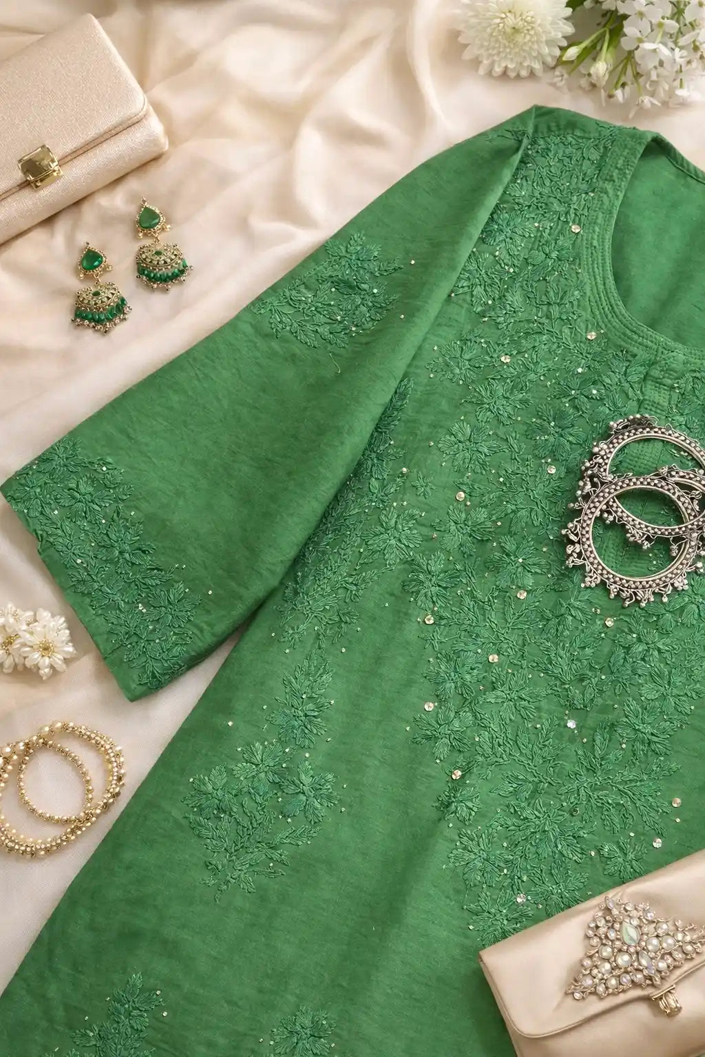 Poonam's Emerald Green Hoor Chikan Kurta