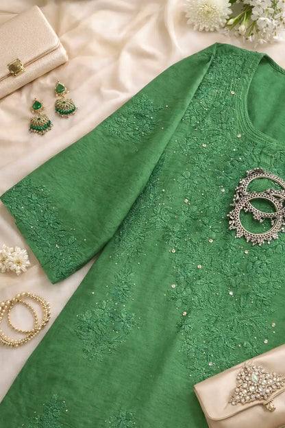Poonam's Emerald Green Hoor Chikan Kurta