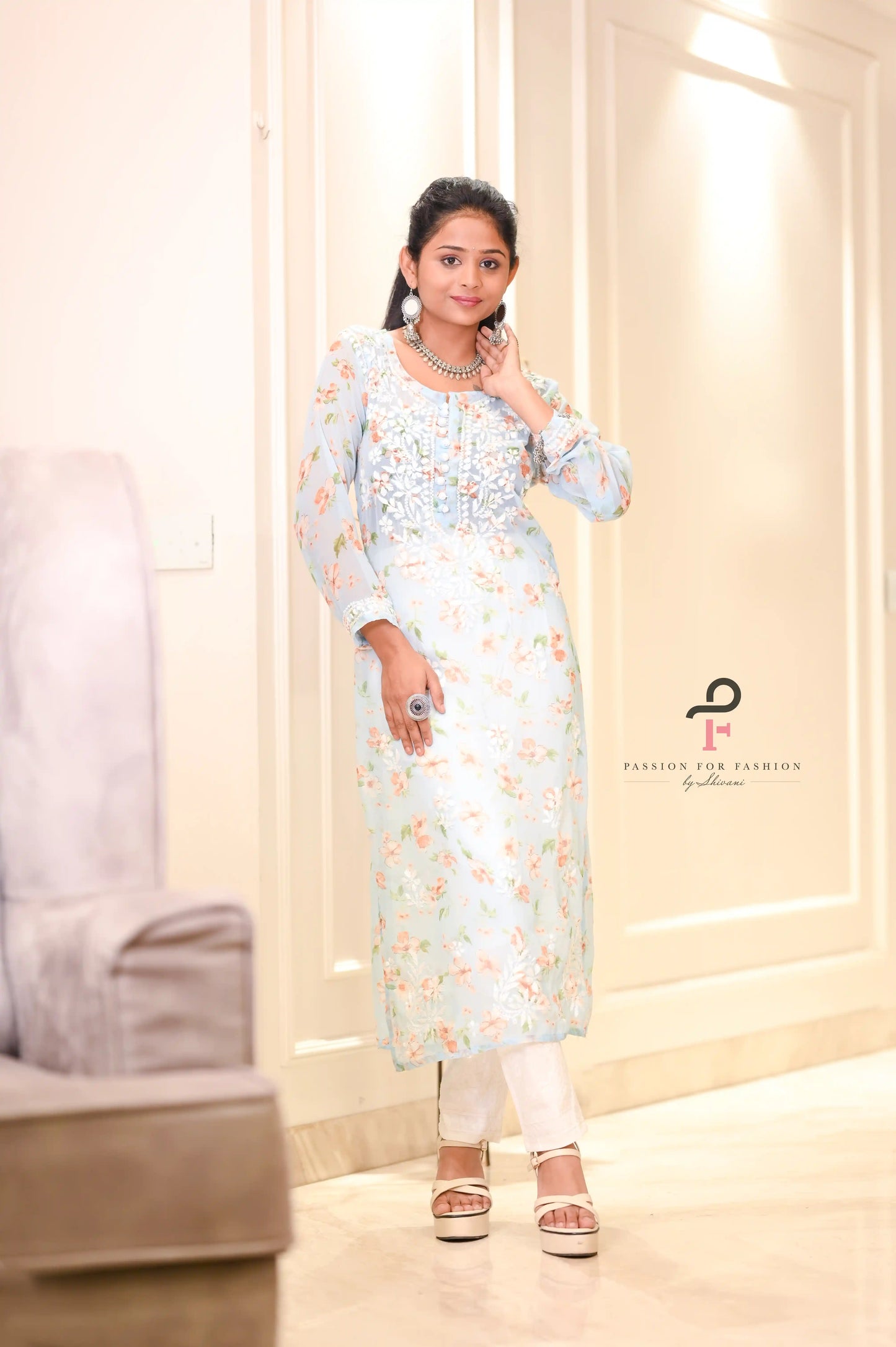 Blush Blue Nazakat Chikan Kurta