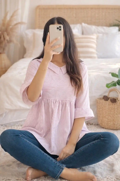 Classic Stripe Cute Collar Peplum Top