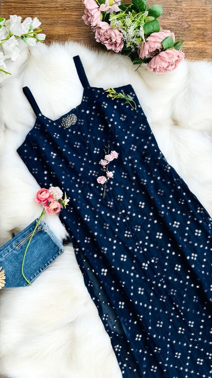 Dazzle Blue Mirror Embroidered Gulnaz Kurta