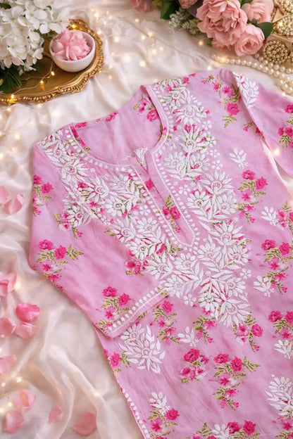 Blush Pink Rangrez Mul Chikan Kurta