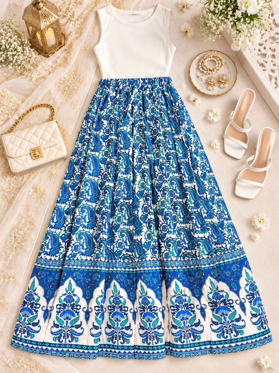 Blue Paisley Jaipuri Flared Cotton Skirt