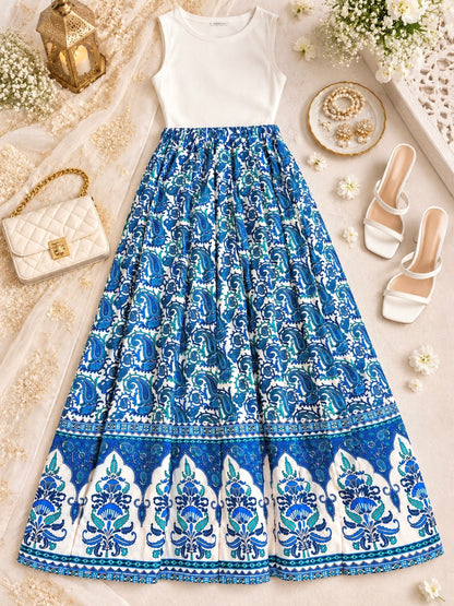 Blue Paisley Jaipuri Flared Cotton Skirt