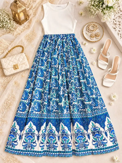 Blue Paisley Jaipuri Flared Cotton Skirt
