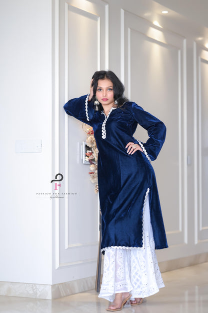 Monochrome Blue Velvet Gulnaz Kurta