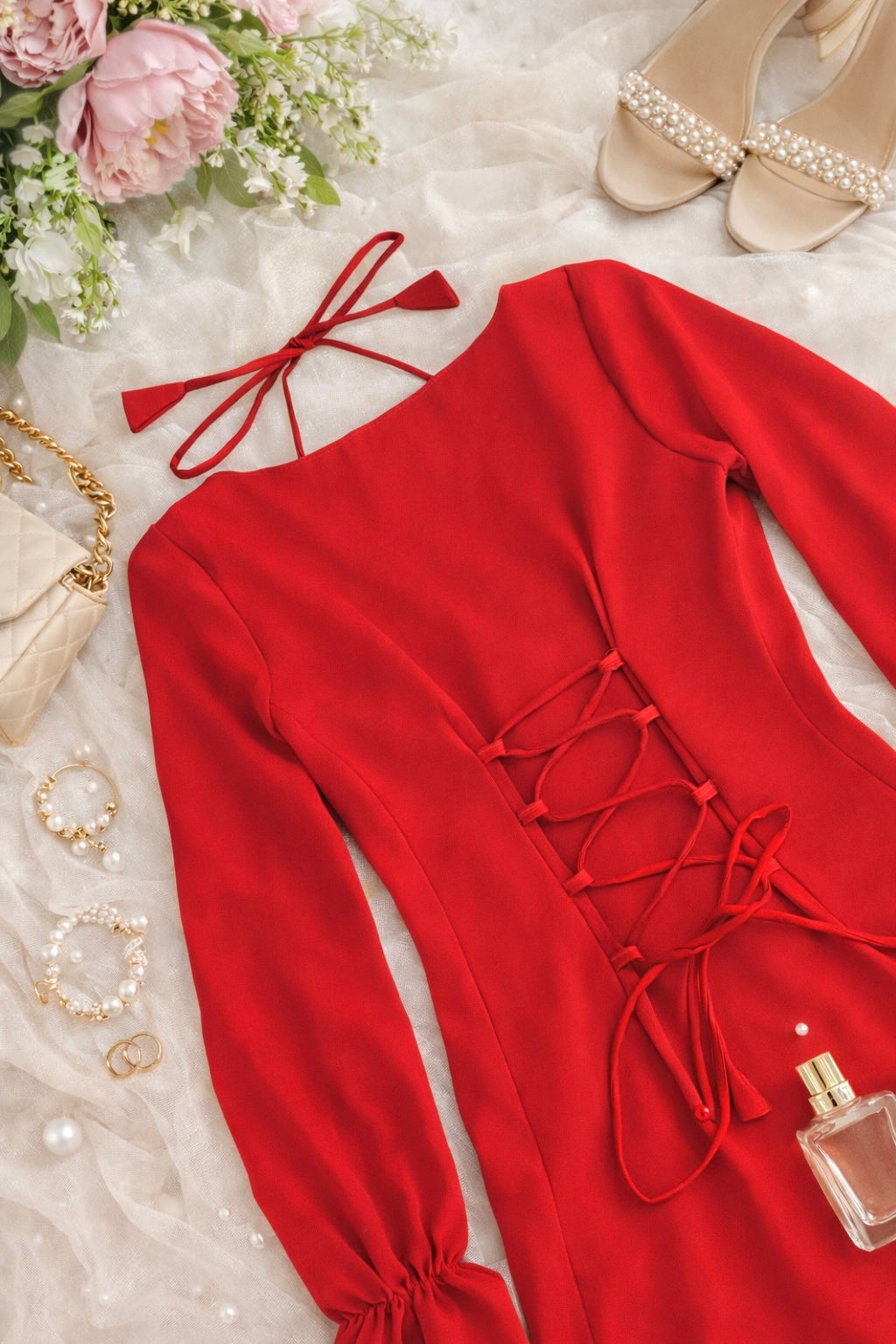 Crimson Red Back Tie Ruffle Set