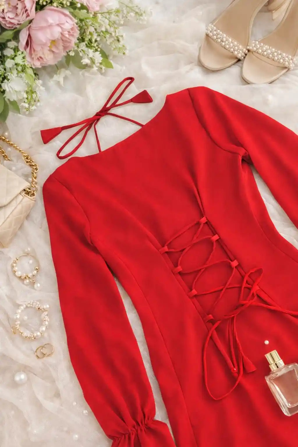 Crimson Red Back Tie Ruffle Set
