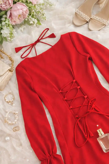 Crimson Red Back Tie Ruffle Set