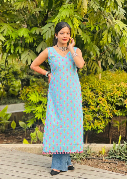 Blush Blue Jaipuri Mulmul Kurta