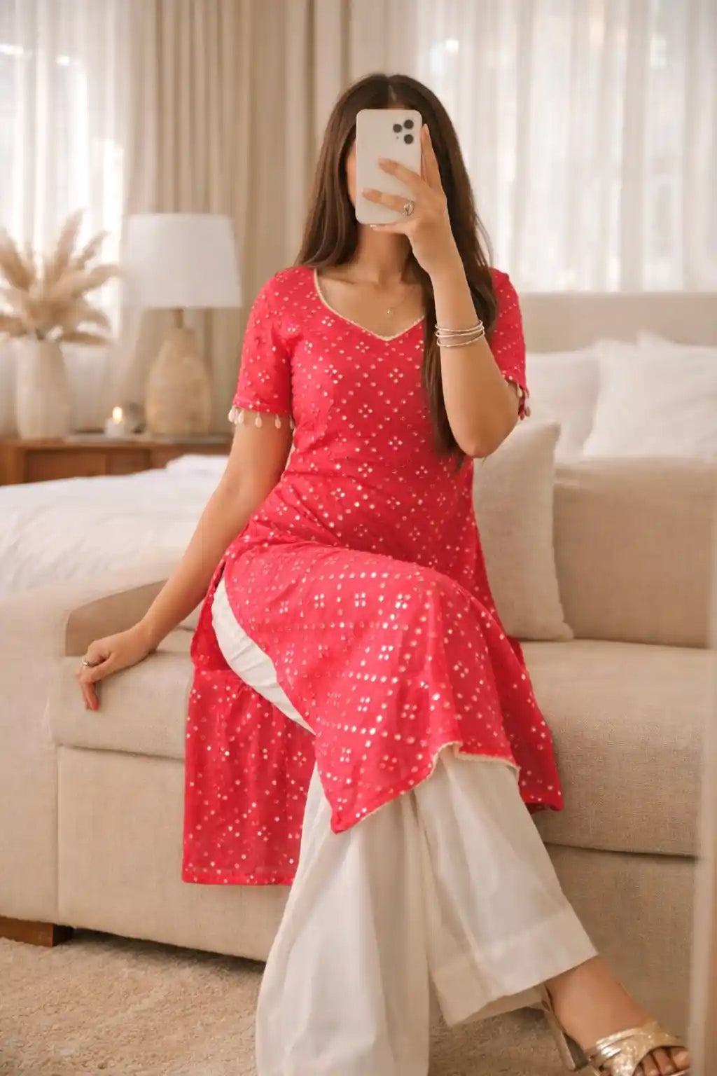 Hot Pink Embroidered Denim Gulnaz Kurta