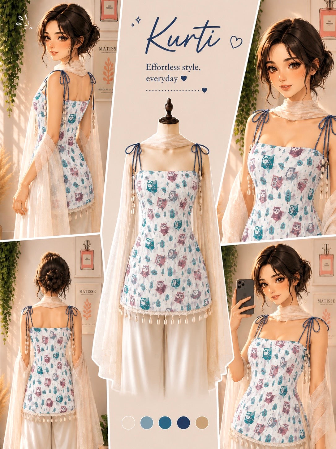Designer Owl Print Short Kurti