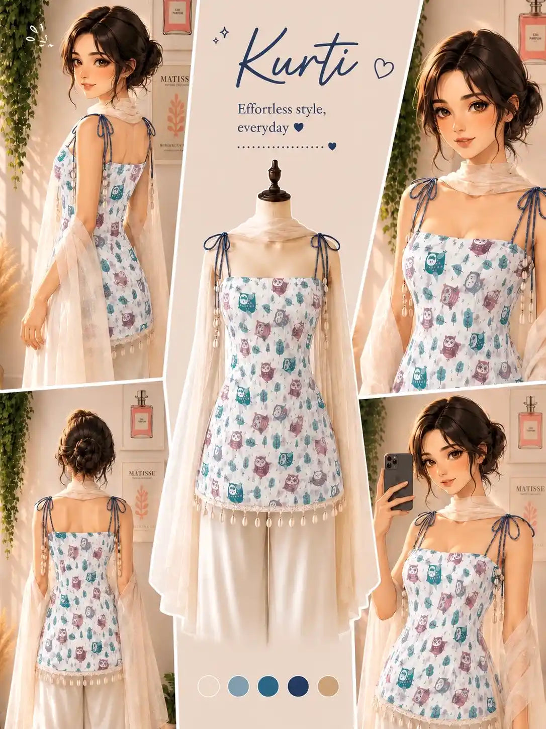 Designer Owl Print Short Kurti