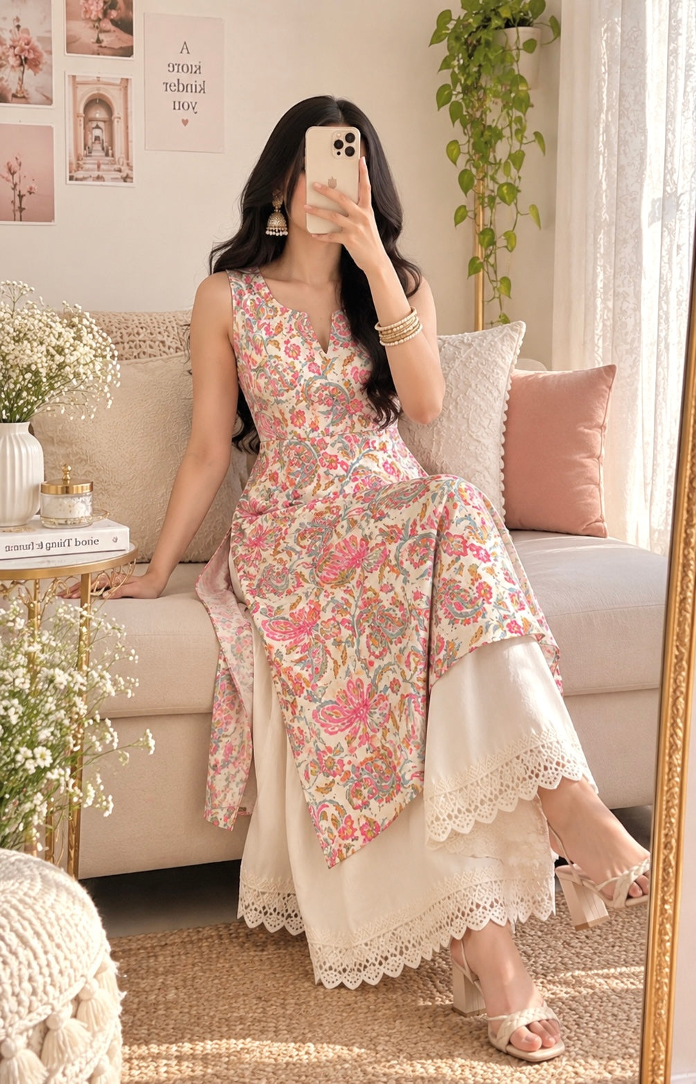 Gulnaz Ivory Paisley Floral Printed Kurta