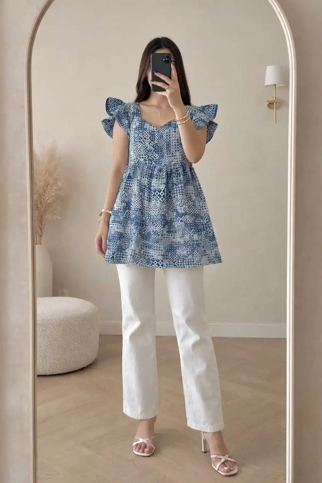 Indigo Ruffle Sleeve Tunic Top