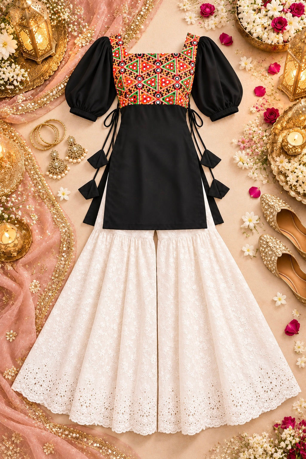 Black Multicolor Puff Sleeve Short Kurta