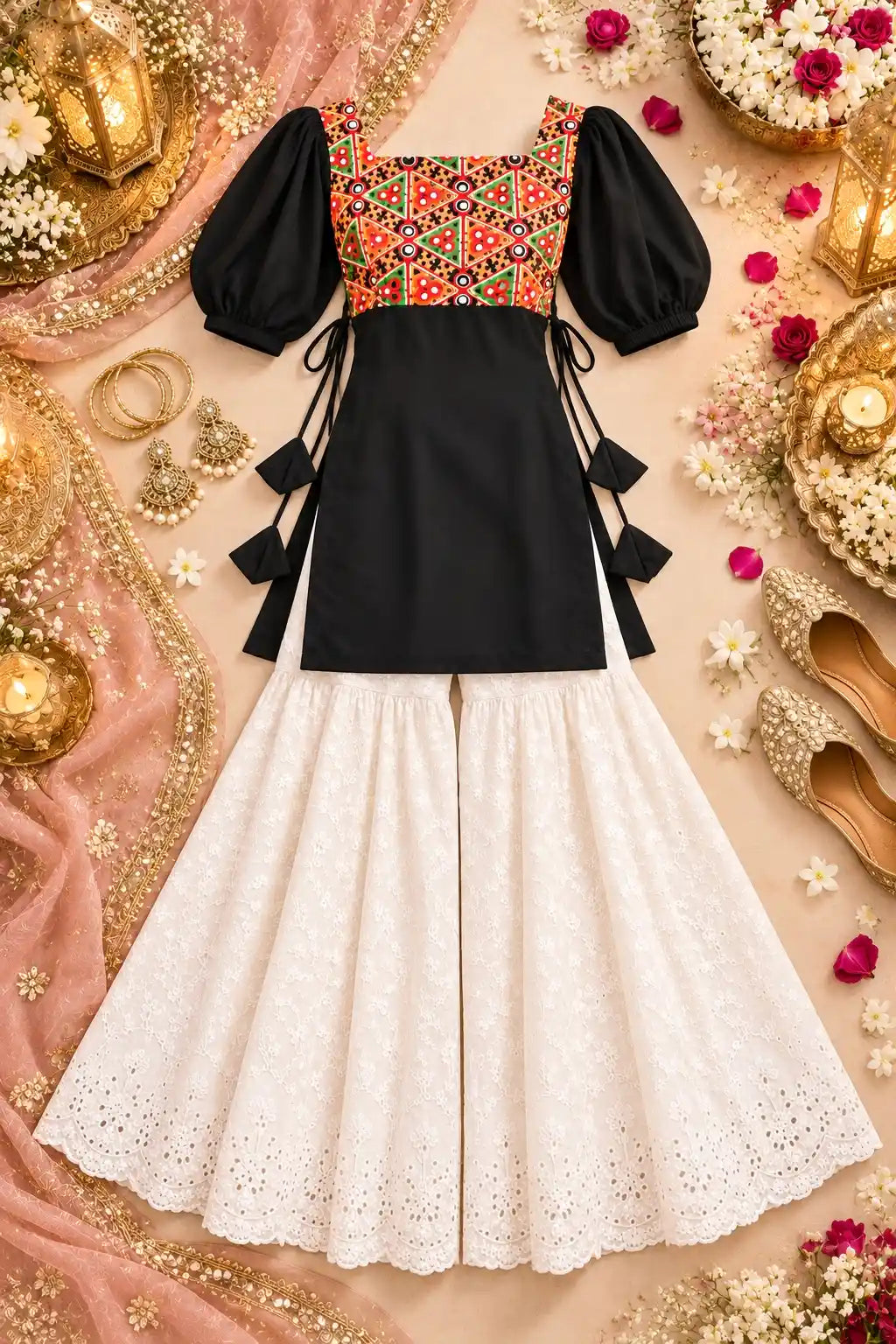 Black Multicolor Puff Sleeve Short Kurta
