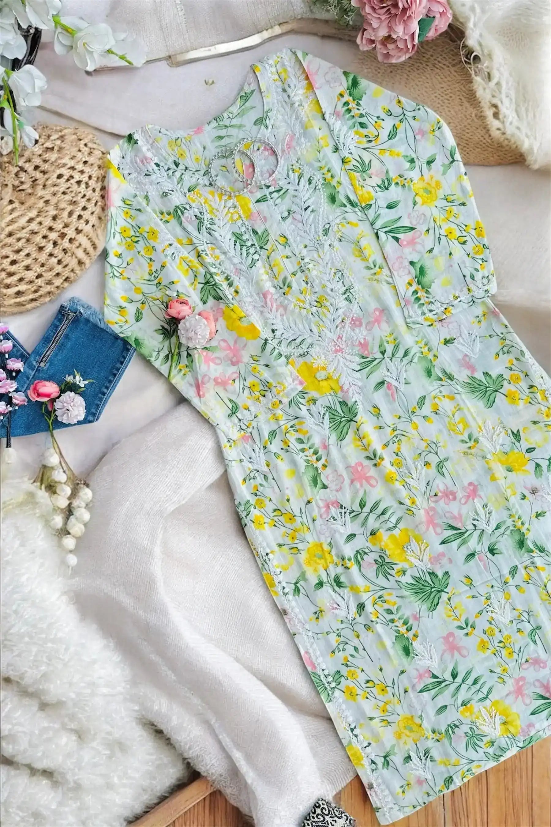 Whimsical Whitish Yellow Rangrez Mul Kurta - Passion for Fashion by Shivani