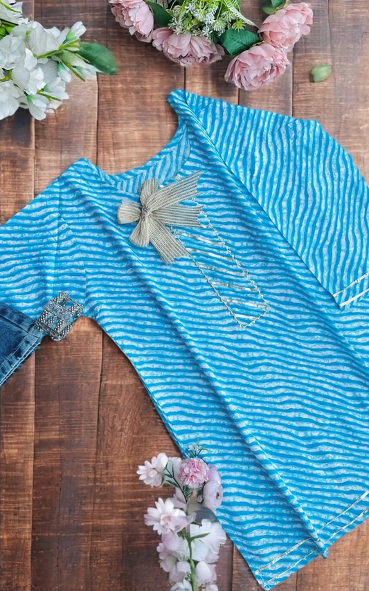 Blush Blue Lehriya Jaipuri Short Kurta