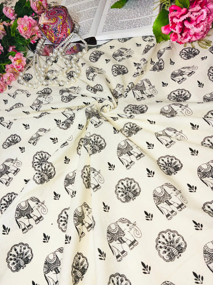 Black Elephant Motif Cotton Fabric