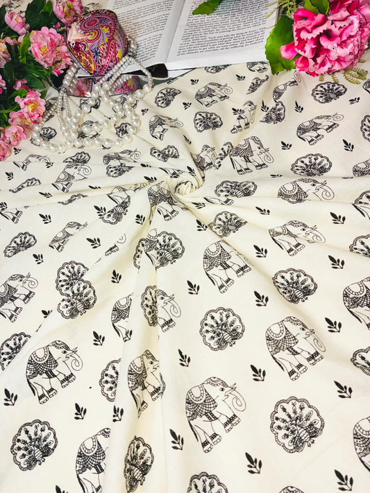 Black Elephant Motif Cotton Fabric