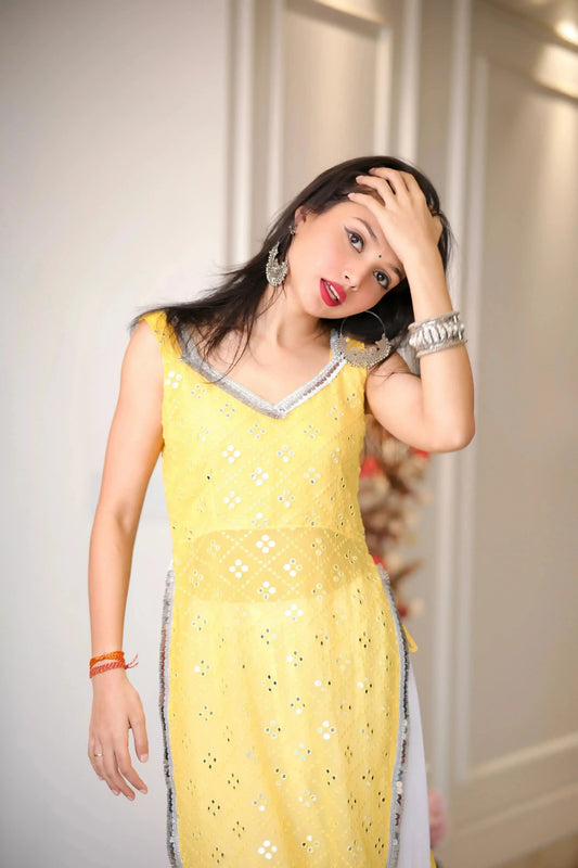Sweetheart Yellow Mirror Gulnaz Kurta - Passion for Fashion by Shivani