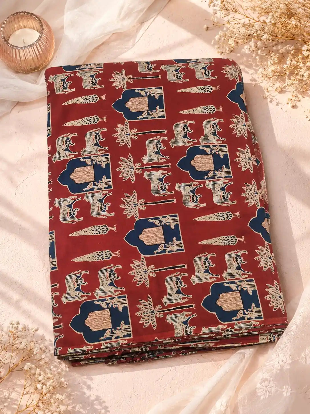 Maroon Heritage Village Print Cotton Fabric Cut