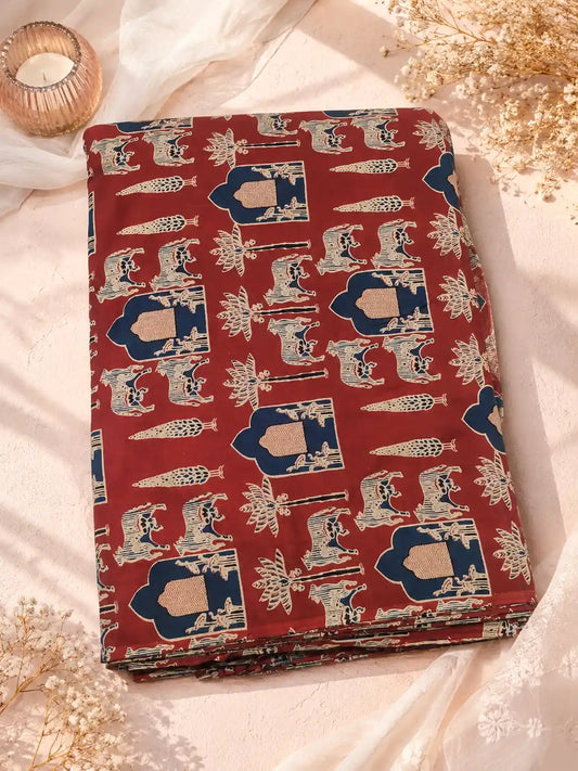 Maroon Heritage Village Print Cotton Fabric Cut