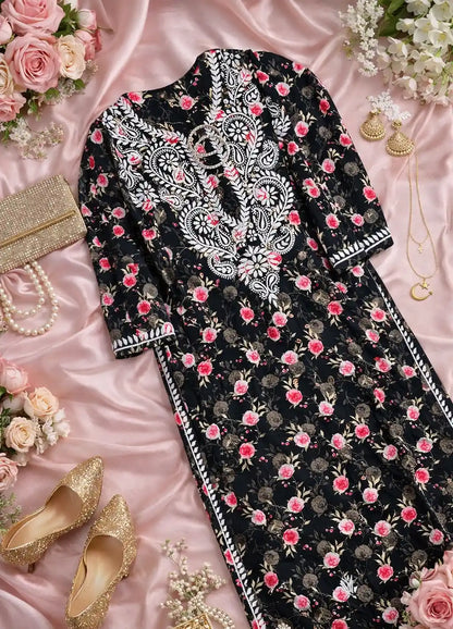 Floral Black Fanah Mul Chikankari