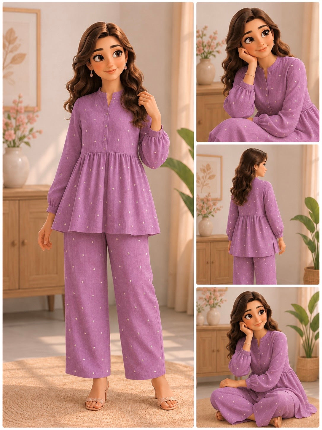 Lavender Embroidered Flared Coord Set