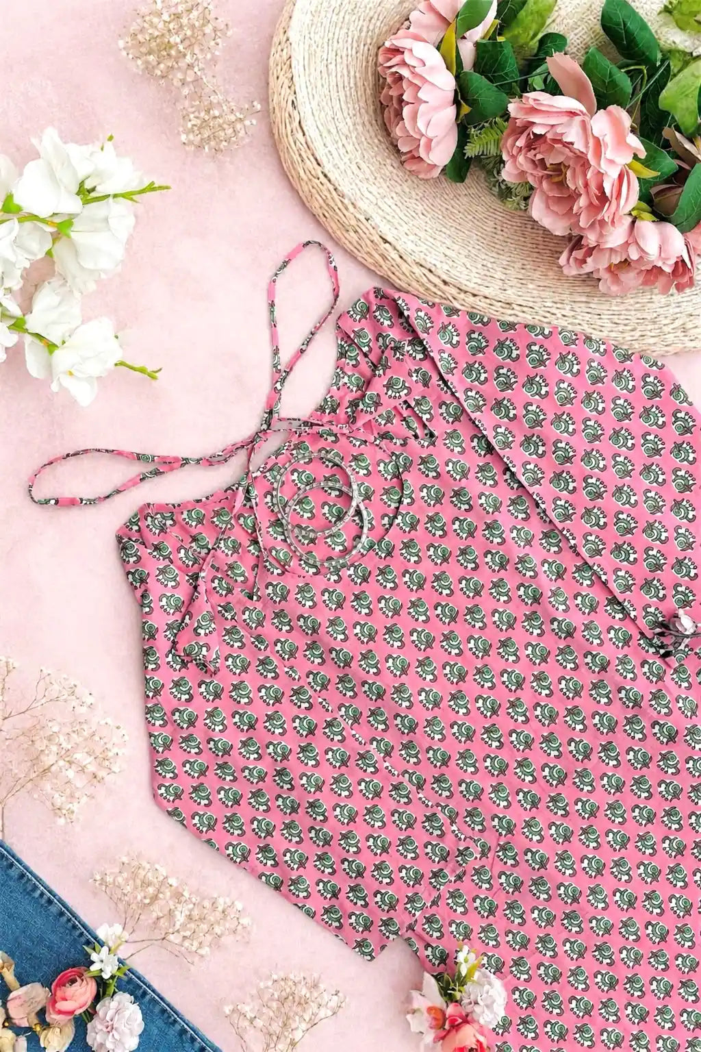 Pink Block Jaipuri Back-Tie Top