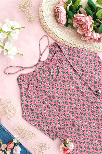 Pink Block Jaipuri Back-Tie Top
