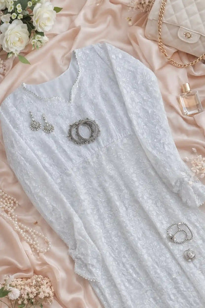 Gulnaz White Chikankari Lace-Up Kurta