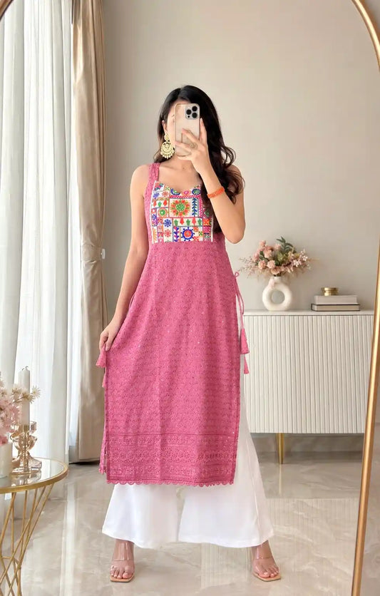 Daisy Peach Sequence Gulnaz Kurta