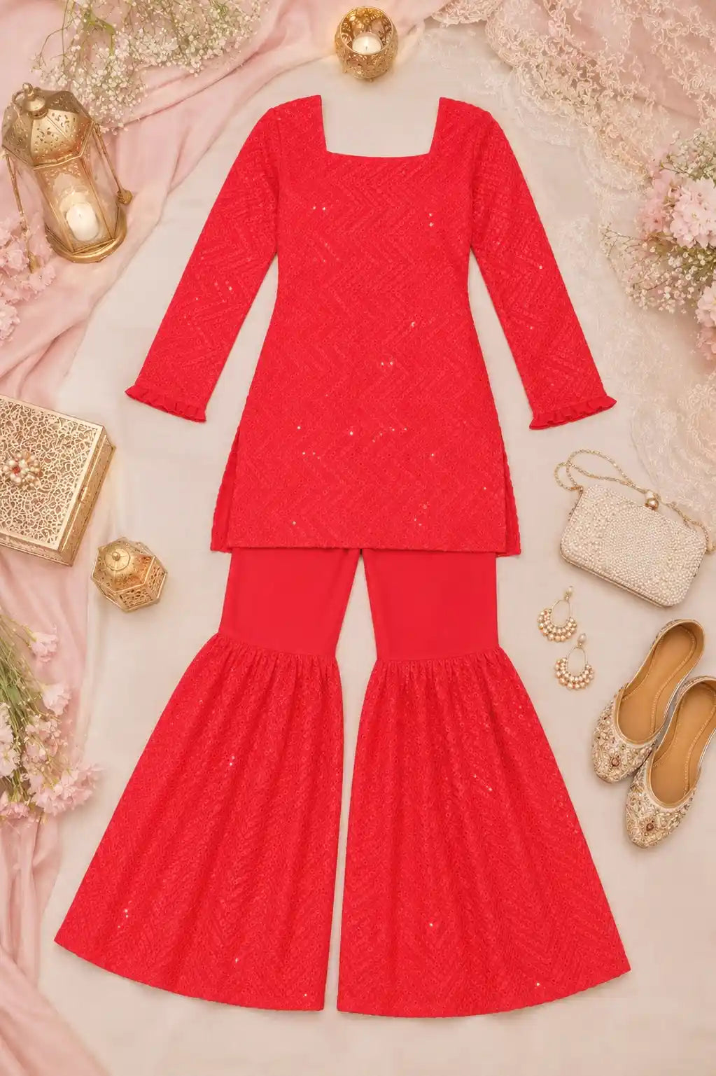 Sparkle Red Gulnaz Sharara Set
