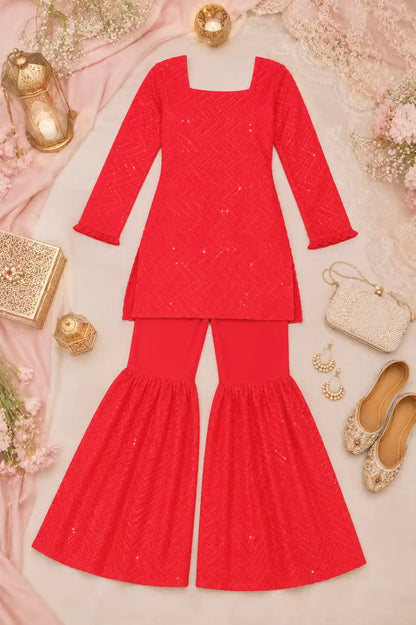 Sparkle Red Gulnaz Sharara Set