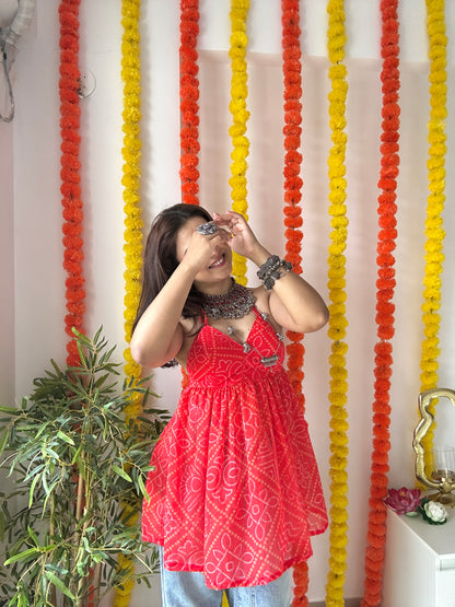 Ayesha’s Red Bandhej Peplum Top
